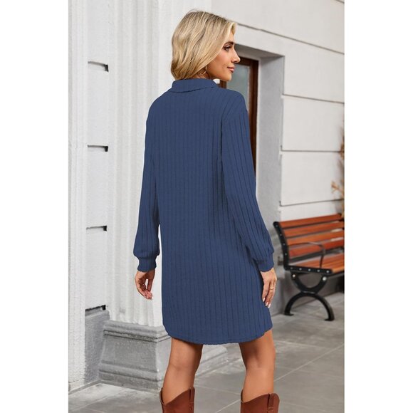 Women's Ribbed Knit Sweater Dress Long Sleeve V Neck Fall Casual - Picture 4 of 5